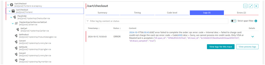 図2：trace_idが同じログの1つ目からDistributed tracesに遷移した画面